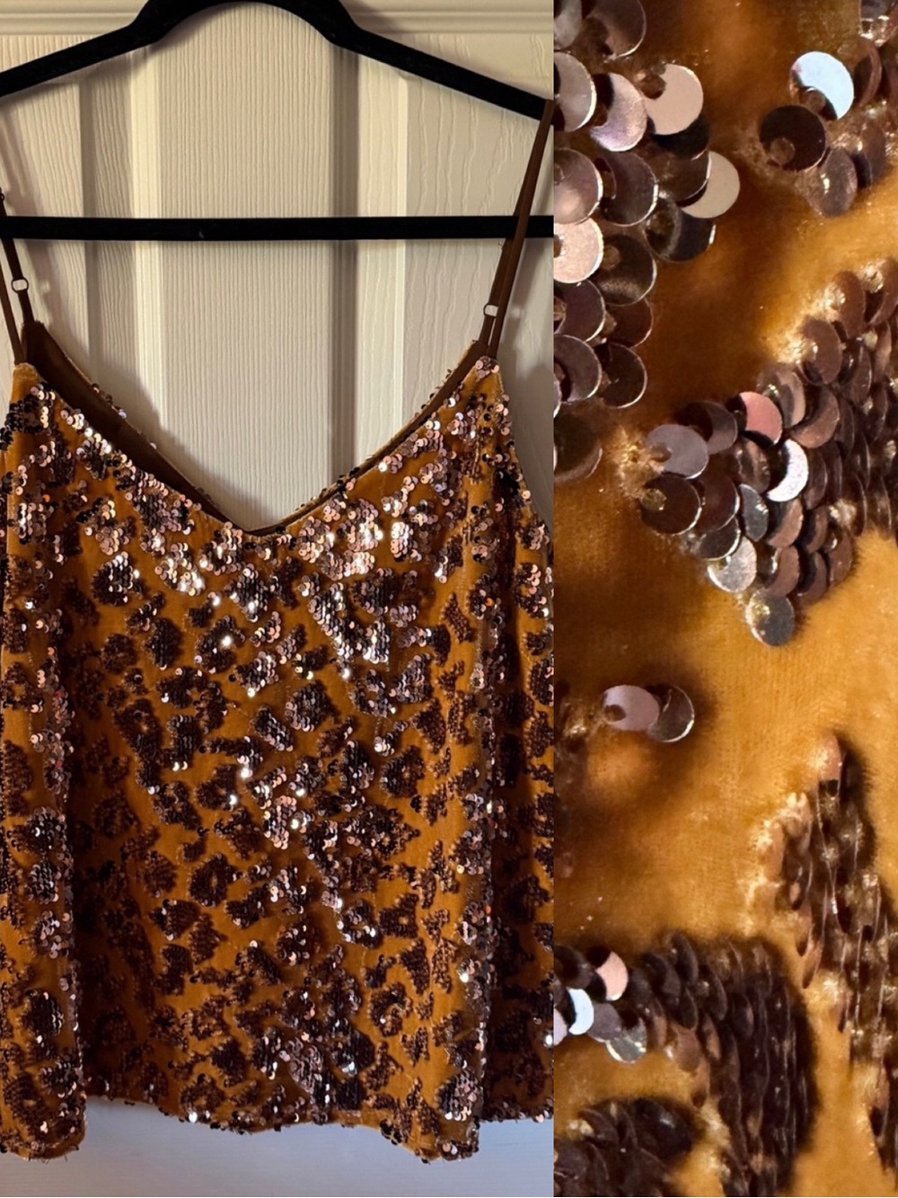 ♥️ RO + DE Sequin Leopard Print Cami Tank Top - Mustard ANTHROPOLOGIE SEQUIN